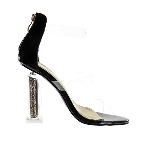 Angkorly - Zapatillas Moda Sandalias Tacón escarpín Disco Mujer Transparente Brillante Tanga Tacón Ancho Alto 10.5 CM - Negro B7686 T 37
