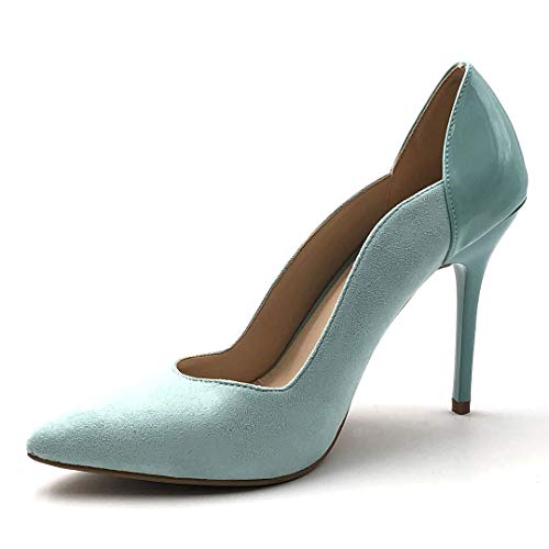Angkorly - Zapatillas Moda Tacón escarpín Bimaterial Stiletto Mujer Barnizado Tacón de Aguja Alto 11 CM - Azul Claro J76-1 T 40