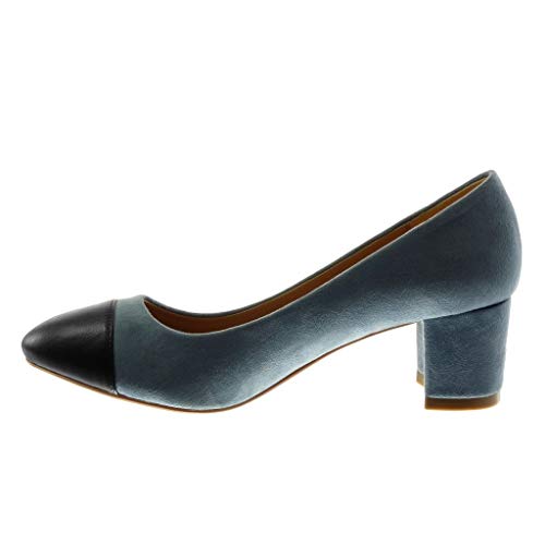 Angkorly - Zapatillas Moda Tacón escarpín Cuello Bimaterial Mujer Bicolor Bloque 5.5 CM - Azul XH1030 T 39