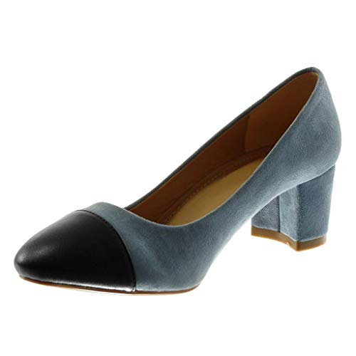 Angkorly - Zapatillas Moda Tacón escarpín Cuello Bimaterial Mujer Bicolor Bloque 5.5 CM - Azul XH1030 T 39