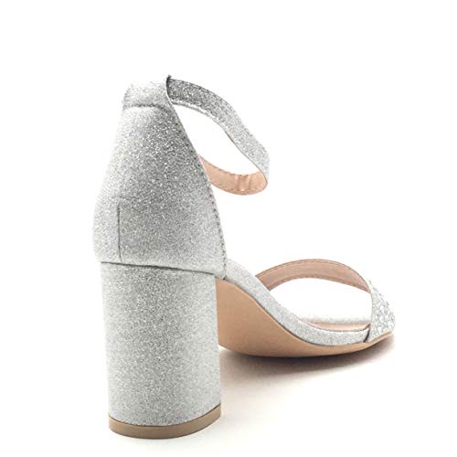 Angkorly - Zapatillas Moda Tacón escarpín Sandalias Glamour La Noche Elegante Mujer Strass Brillantes Glitter Tacón Ancho 7 CM - Plata F133 T 36
