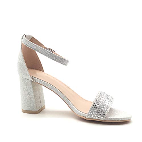 Angkorly - Zapatillas Moda Tacón escarpín Sandalias Glamour La Noche Elegante Mujer Strass Brillantes Glitter Tacón Ancho 7 CM - Plata F133 T 36