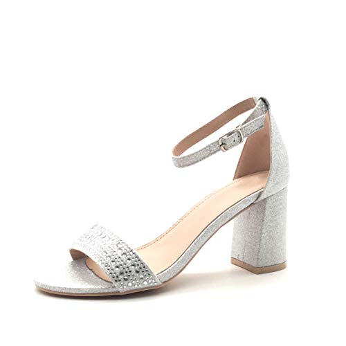 Angkorly - Zapatillas Moda Tacón escarpín Sandalias Glamour La Noche Elegante Mujer Strass Brillantes Glitter Tacón Ancho 7 CM - Plata F133 T 36