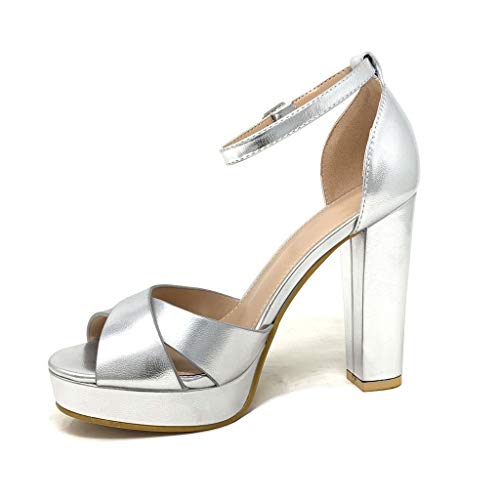 Angkorly - Zapatillas Moda Tacón escarpín Sandalias La Noche Glamour Plataforma Mujer Correas Cruzadas metálico Tacón Ancho Alto 11 CM - Plata 4 B-92 T 41