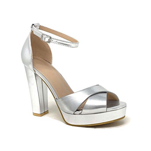 Angkorly - Zapatillas Moda Tacón escarpín Sandalias La Noche Glamour Plataforma Mujer Correas Cruzadas metálico Tacón Ancho Alto 11 CM - Plata 4 B-92 T 41