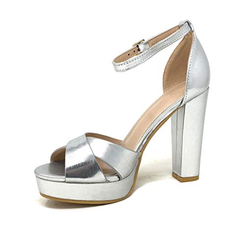 Angkorly - Zapatillas Moda Tacón escarpín Sandalias La Noche Glamour Plataforma Mujer Correas Cruzadas Tacón Ancho Alto 11 CM - Plata 2 B-93 T 39
