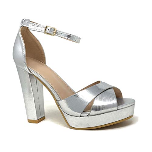 Angkorly - Zapatillas Moda Tacón escarpín Sandalias La Noche Glamour Plataforma Mujer Correas Cruzadas Tacón Ancho Alto 11 CM - Plata 2 B-93 T 39