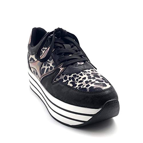 Angkorly - Zapatillas Moda Zapatilla - Sneakers de cuña Gran Plataforma Plano Streetwear Mujer Leopardo Rayas Plataforma 5 CM - Negro 6 F3201 T 41