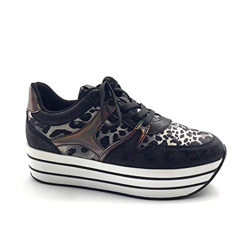 Angkorly - Zapatillas Moda Zapatilla - Sneakers de cuña Gran Plataforma Plano Streetwear Mujer Leopardo Rayas Plataforma 5 CM - Negro 6 F3201 T 41