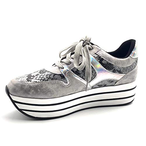 Angkorly - Zapatillas Moda Zapatilla - Sneakers de cuña Gran Plataforma Plano Streetwear Mujer Leopardo Rayas Plataforma 5 CM - Plata 2 F3201 T 38