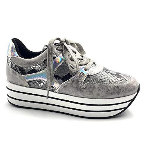 Angkorly - Zapatillas Moda Zapatilla - Sneakers de cuña Gran Plataforma Plano Streetwear Mujer Leopardo Rayas Plataforma 5 CM - Plata 2 F3201 T 38
