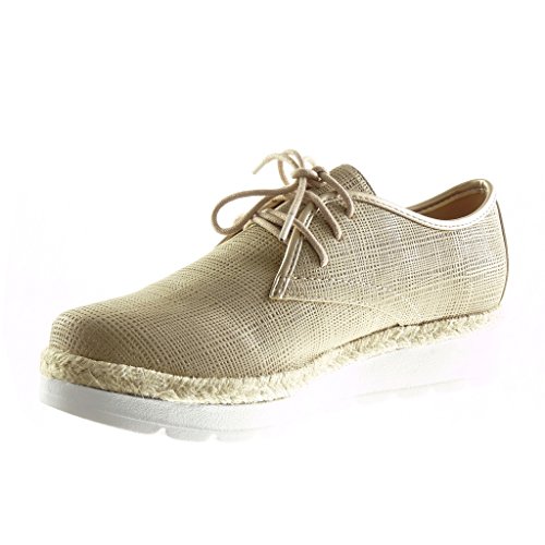 Angkorly - Zapatillas Moda Zapato Derby Alpargatas Plataforma Mujer líneas Acabado Costura Pespunte Talón Plataforma 3 CM - Oro F1231 T 37