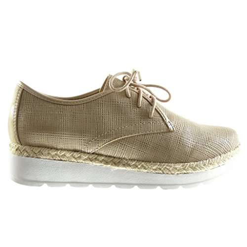 Angkorly - Zapatillas Moda Zapato Derby Alpargatas Plataforma Mujer líneas Acabado Costura Pespunte Talón Plataforma 3 CM - Oro F1231 T 37