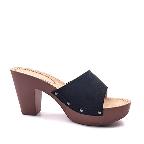 Angkorly - Zapatillas Moda Zueco Mula Zueco tacone Alto BCBG Mujer Tachonado Efecto Madera Tacón Ancho Alto 8 CM - Negro 2 TX-115 T 37