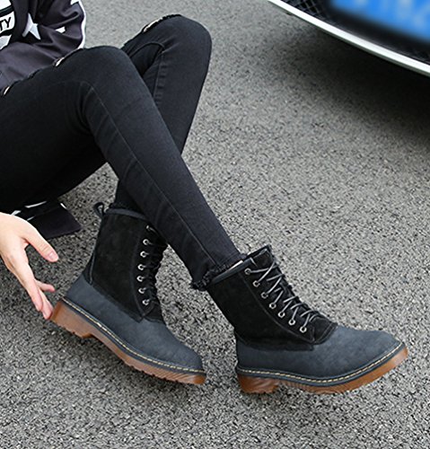 Anguang Mujer Forradas Calientes Planas Combate Martin Boots Botas de Mujer Cuero Botines Invierno Zapatos Negro 40