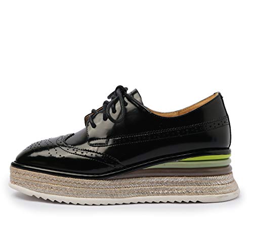 ANNIESHOE Blucher Mujer Cuero Cordones Derby Oxford Zapatos con Tacon Cuña Plataforma Primavera Otoño Negro 35CN 35EU 22.5cm