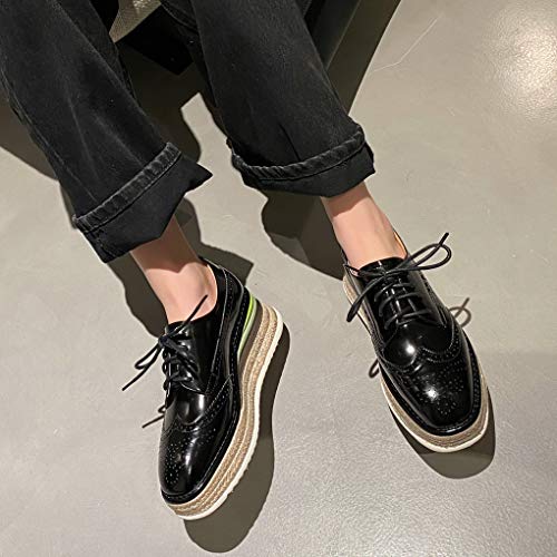 ANNIESHOE Blucher Mujer Cuero Cordones Derby Oxford Zapatos con Tacon Cuña Plataforma Primavera Otoño Negro 35CN 35EU 22.5cm