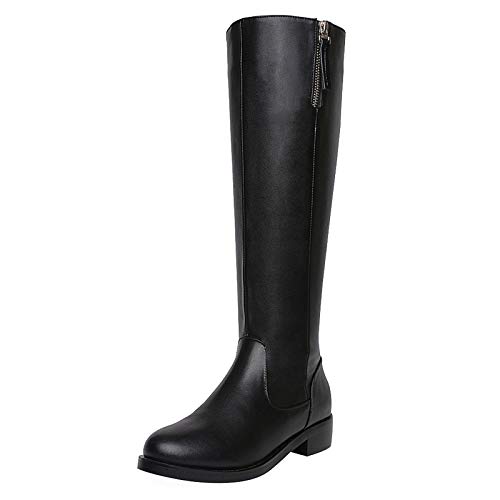 ANUFER Mujer Elegante Piel Genuina Rodilla Alta Botas Negro Plano Cremallera Botas de Correr SN020740 EU38.5