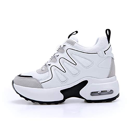 AONEGOLD® Zapatillas de Deporte con Cuña Mujer Zapatos Wedge Sneakers Talón Plataforma 7 cm(Blanco,37 EU)