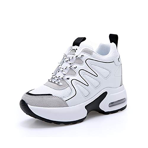 AONEGOLD® Zapatillas de Deporte con Cuña Mujer Zapatos Wedge Sneakers Talón Plataforma 7 cm(Blanco,37 EU)