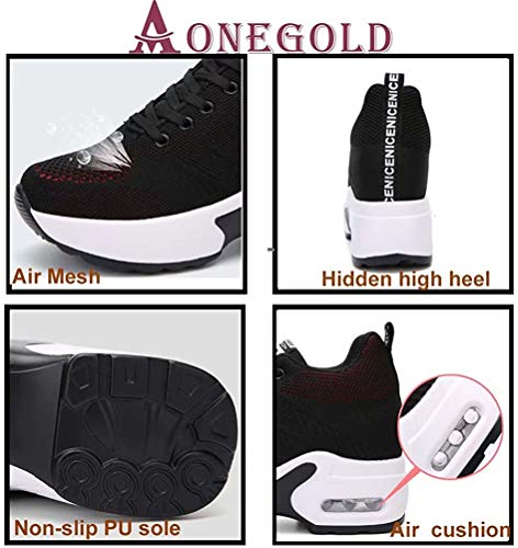 AONEGOLD Zapatillas de Deporte Transpirables Mujer Zapatillas de Cuña para Alta Talón Plataforma 8.5 cm Wedge Sneakers 2786 Negro 38 EU