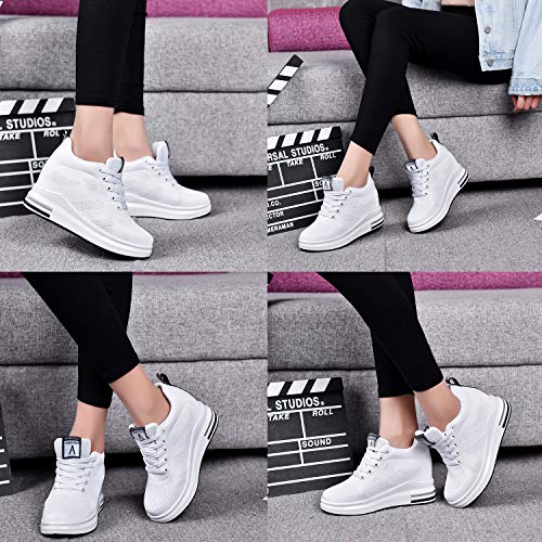 AONEGOLD® Zapatillas de Deporte Transpirables Zapatillas de Cuña para Mujer Alta Talón Plataforma 8cm Sneakers(Blanco,37 EU)