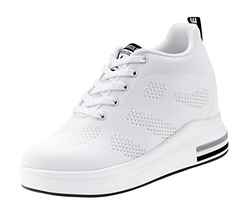 AONEGOLD® Zapatillas de Deporte Transpirables Zapatillas de Cuña para Mujer Alta Talón Plataforma 8cm Sneakers(Blanco,37 EU)