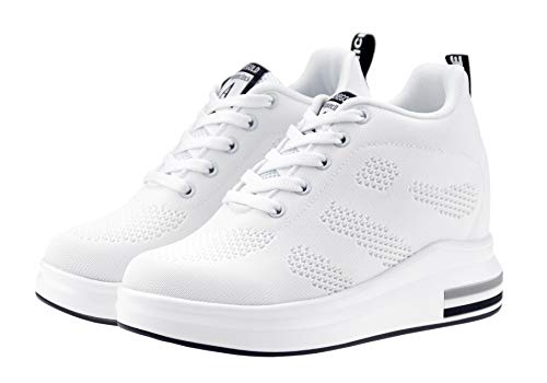 AONEGOLD® Zapatillas de Deporte Transpirables Zapatillas de Cuña para Mujer Alta Talón Plataforma 8cm Sneakers(Blanco,38 EU)