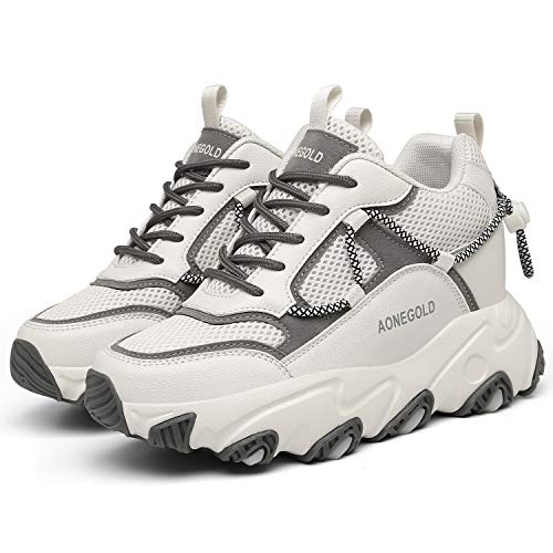 AONEGOLD® Zapatos de Deporte Mujer Zapatillas de Cuña Zapatillas de Deporte Casuales Damas al Aire Libre Transpirable Plataforma Zapatos(Beige,Tamaño 40)