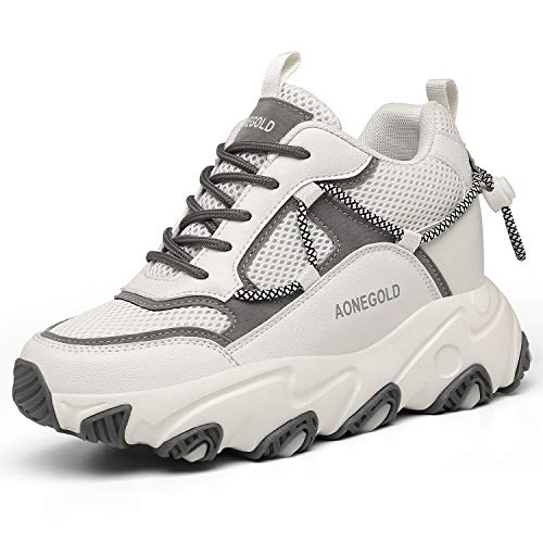 AONEGOLD® Zapatos de Deporte Mujer Zapatillas de Cuña Zapatillas de Deporte Casuales Damas al Aire Libre Transpirable Plataforma Zapatos(Beige,Tamaño 40)