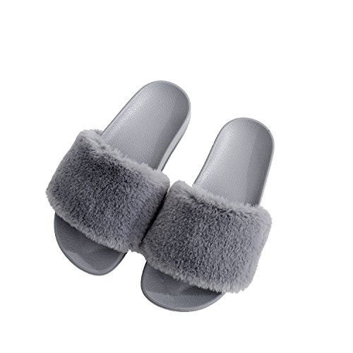 APIKA Zapatilla de Piel sintética Flip Flop para Mujer Borroso Mullido Confortable Controles deslizantes Abierto Ponerse(38 EU Negro)