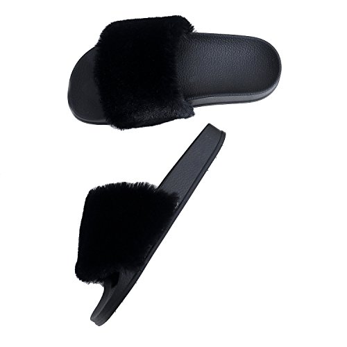 APIKA Zapatilla de Piel sintética Flip Flop para Mujer Borroso Mullido Confortable Controles deslizantes Abierto Ponerse(38 EU Negro)