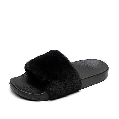 APIKA Zapatilla de Piel sintética Flip Flop para Mujer Borroso Mullido Confortable Controles deslizantes Abierto Ponerse(38 EU Negro)