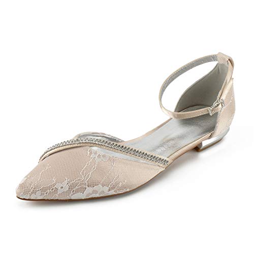 AQTEC Mujer Cordón de satén Planos Bailarina Zapatos de Boda Puntiagudos con Correa en el Tobillo Fiesta Zapatos de Novia,Champagne,37 EU