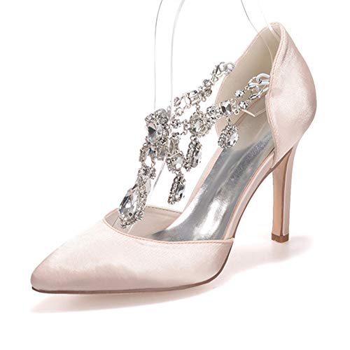 AQTEC Señoras del Alto Talón De Satén En Punta del Dedo del Pie Zapatos De Boda Rhinestone Brillante Zapato con Cierre De Novia De La Manera Zapatos De Tacón De Color Sólido,Champagne,37 EU