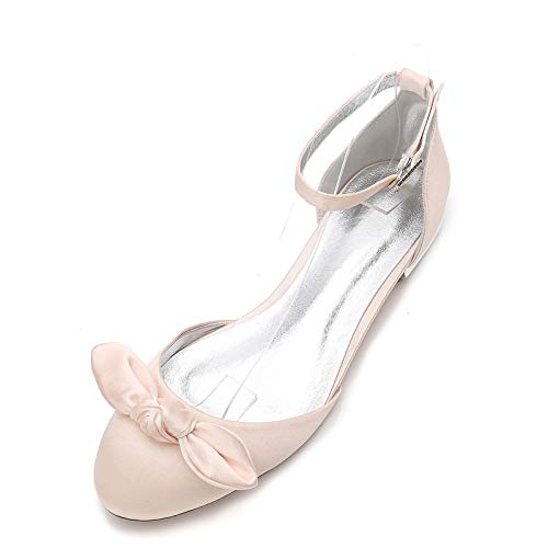 AQTEC Zapatos de Boda para Mujer Elegante Cerrado Punta Inclinarse de satén Ballerina Planos Zapatos de Novia con Correa en el Tobillo,Champagne,37 EU