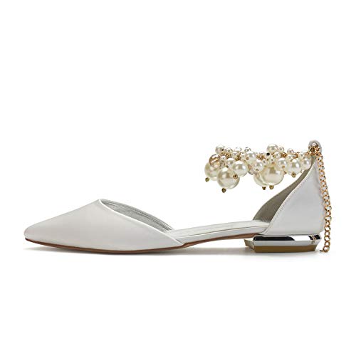 AQTEC Zapatos de Boda para Mujer Puntiagudos de satén Planos Bailarina Perla decoración Zapatos de Novia Sandalias,Champagne,40 EU