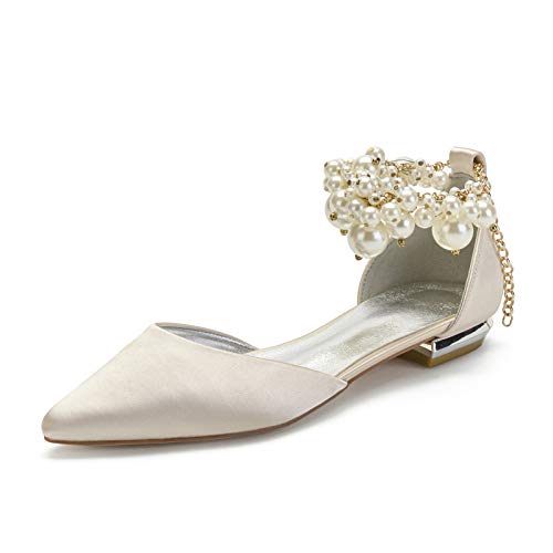 AQTEC Zapatos de Boda para Mujer Puntiagudos de satén Planos Bailarina Perla decoración Zapatos de Novia Sandalias,Champagne,40 EU