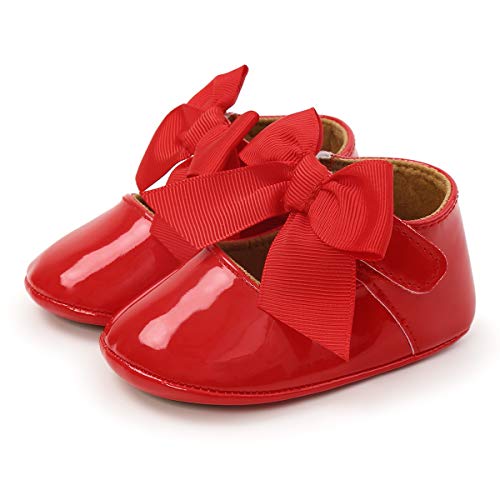 Aulang Zapatos antideslizantes para primer paseo con lazo y empeine superior de piel sintética brillante, para niñas y bebés, Mary Jane, color Rojo, talla 0-6 meses