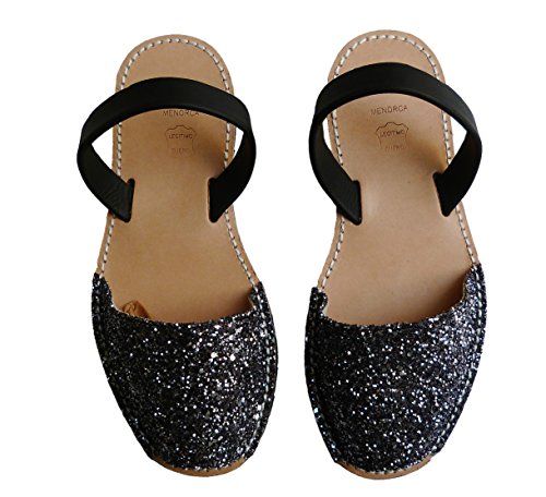 Auténticas Avarcas menorquínas, Abarcas, Albarcas, Sandalias (43, Glitter Plata Negra)