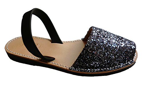 Auténticas Avarcas menorquínas, Abarcas, Albarcas, Sandalias (43, Glitter Plata Negra)