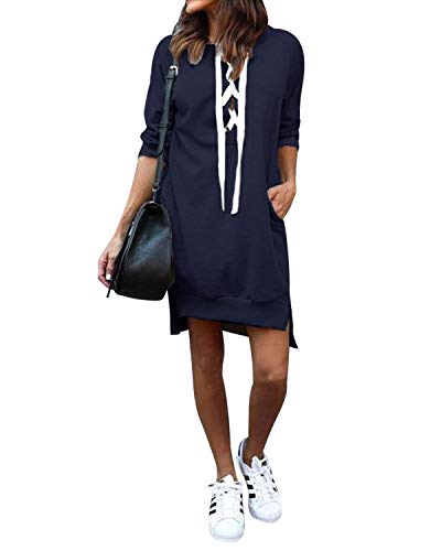 Auxo Sudaderas Mujer Invierno Manga Larga Sudaderas Largas sin Capucha Baratas Moda Hoodie Escote V con Cordones Sexy Tallas Grandes Originales Pullover 04-Azul Oscuro XL