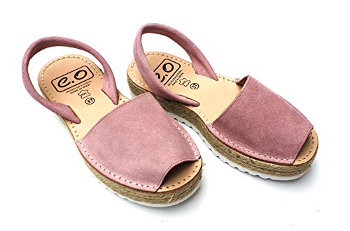 Avarca Menorquina Doble Yute - Sandalia de Plataforma Señora Mujer de Piel/Cuero - Color Mostaza, Azul, Cuero, Marron (36 EU, Rosa)