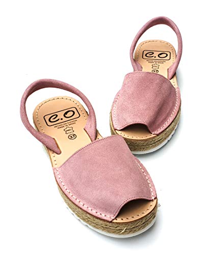 Avarca Menorquina Doble Yute - Sandalia de Plataforma Señora Mujer de Piel/Cuero - Color Mostaza, Azul, Cuero, Marron (36 EU, Rosa)