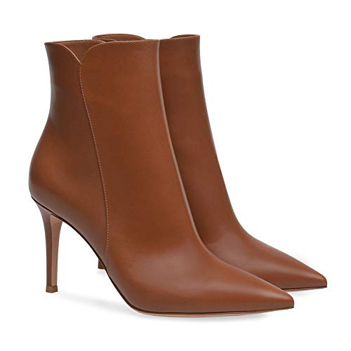 Baby rabbit-SS Botines De Tacón De Aguja para Mujer, Botas Cortas De Cuero De PU con Cremallera Lateral De Tacón Alto Y Punta Estrecha para Mujer, Forro Corto De Felpa, Talla 34-46,Marrón,36 EU