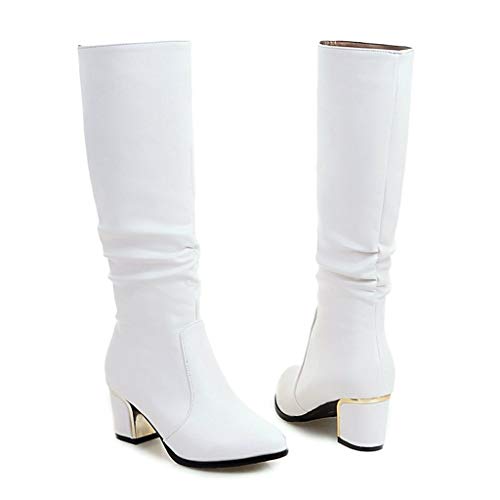 Baohooya Botas Altas para Mujer Tacon - Moda Puntiaguda Tacón Grueso Botas de Jinete de Tacón Alto Cuero de Color Liso Botines para Mujer Botas de Mujer Zapatos OtoñO/Invierno 2019 (38 EU, Blanco)