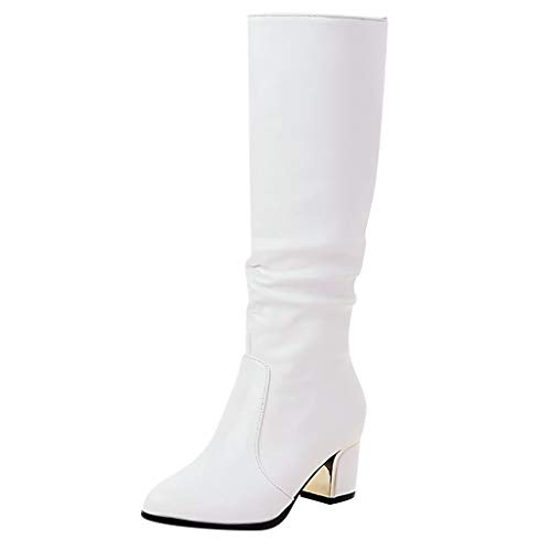 Baohooya Botas Altas para Mujer Tacon - Moda Puntiaguda Tacón Grueso Botas de Jinete de Tacón Alto Cuero de Color Liso Botines para Mujer Botas de Mujer Zapatos OtoñO/Invierno 2019 (38 EU, Blanco)