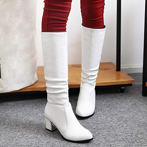 Baohooya Botas Altas para Mujer Tacon - Moda Puntiaguda Tacón Grueso Botas de Jinete de Tacón Alto Cuero de Color Liso Botines para Mujer Botas de Mujer Zapatos OtoñO/Invierno 2019 (38 EU, Blanco)