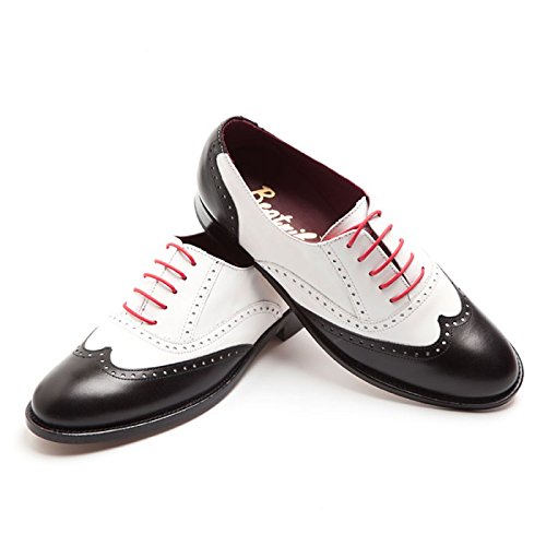 Beatnik Shoes Zapatos de Cordones Oxford de Mujer Bicolores Blanco y Negro en Piel Beatnik Lena Black & White, Talla : 36