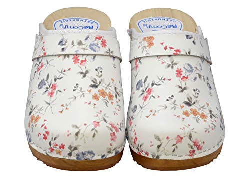 BeComfy - Zuecos de Madera con Cuero para Mujeres - Zapatos para el Trabajo - Suela Reforzada con una Capa de Goma Elástica - Blanco, Negro, Azul Marino, Flores (35 EU, Flores Coloridas)